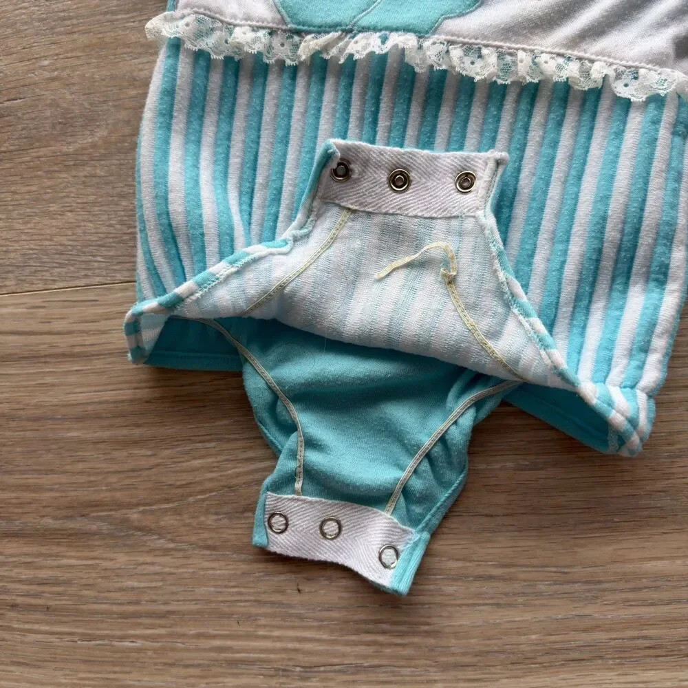 Vintage 80’s Blue & White Baby Romper 3-6 Mos One Piece Teddy Bear Balloon READ